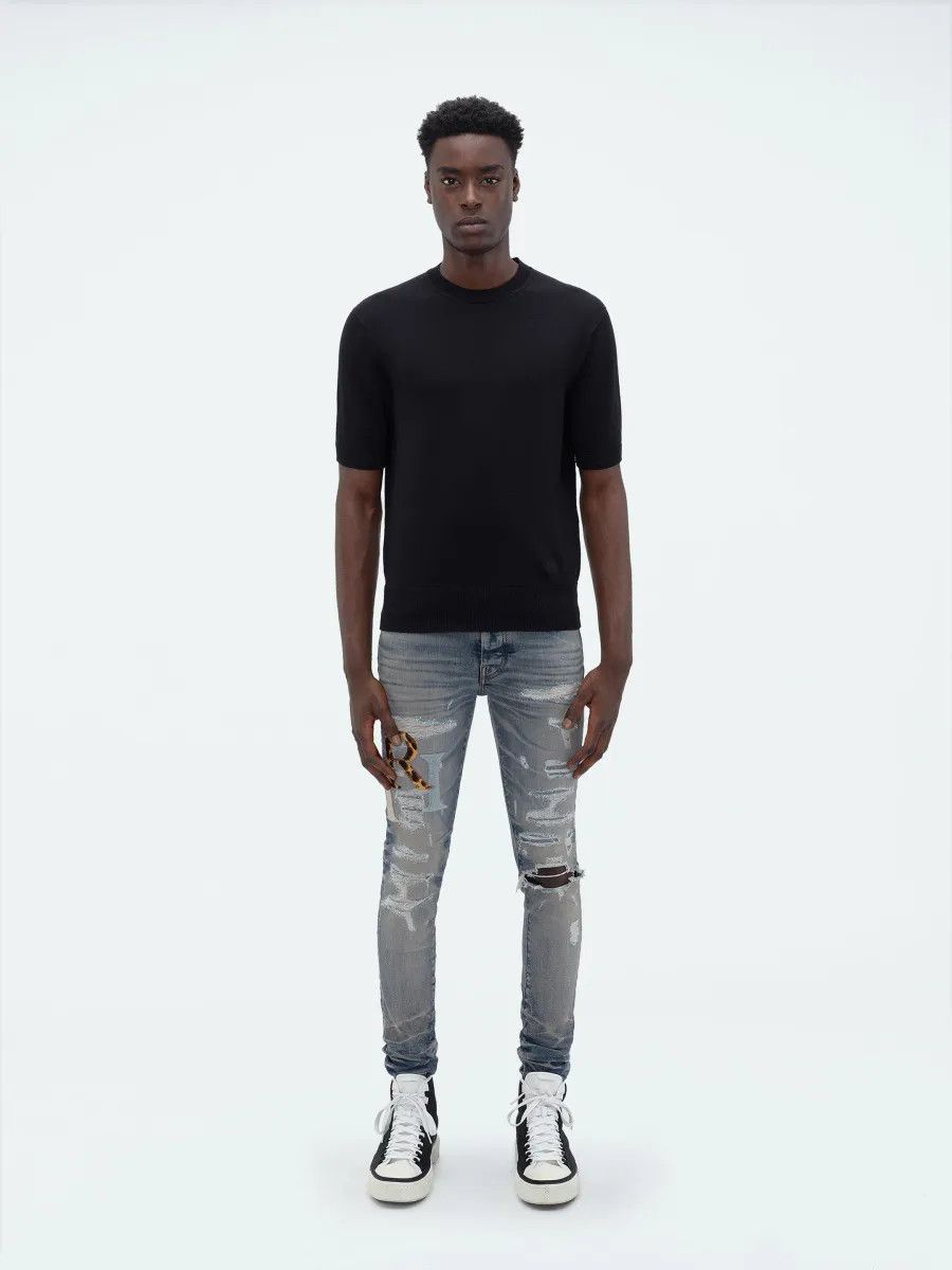 Amiri o1gr1nt0525 Leather Staggered Logo Jeans in Vintage Indigo Size US 31 - 2 Thumbnail
