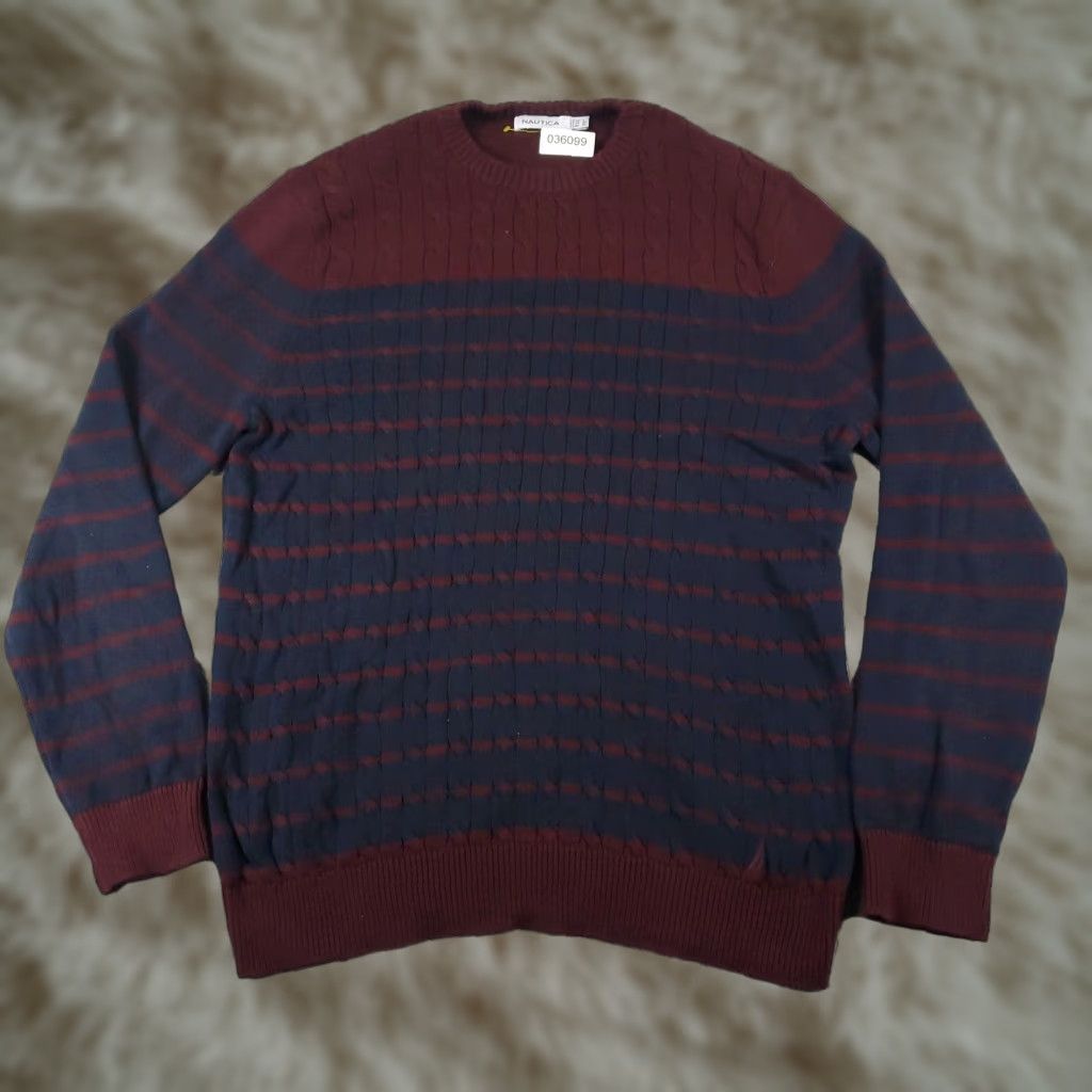 Nautica Nautica Cable Knit Sweater Mens Large Blue Red Stripe Casual Pullover Crew Neck Cotton Size US L / EU 52-54 / 3 - 1 Thumbnail