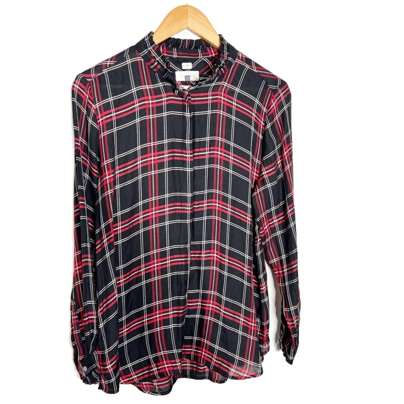Loft Loft Women’s Petite Plaid Button Down Flannel Ruffle Shirt Size L / US 10 / IT 46 - 6 Thumbnail