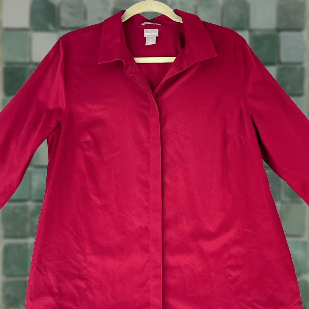 Vintage Chico's Button-Up Shirt Women Red 100% Cotton Petite Long Sleeve Collared Size 12P Size XL / US 12-14 / IT 48-50 - 1 Thumbnail