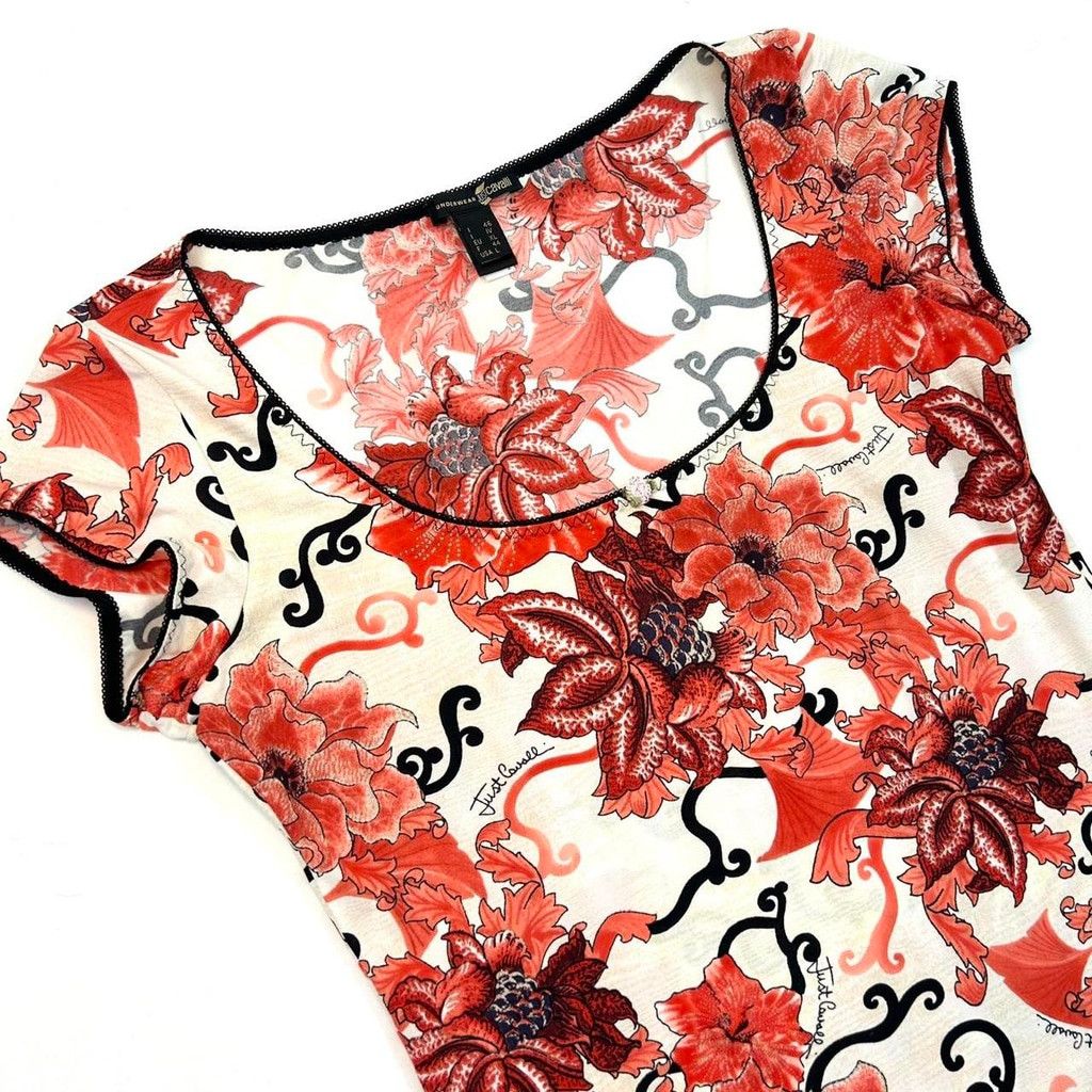 Just Cavalli y2k Cavalli white short sleeve top, red black floral print Size L / US 10 / IT 46 - 2 Thumbnail