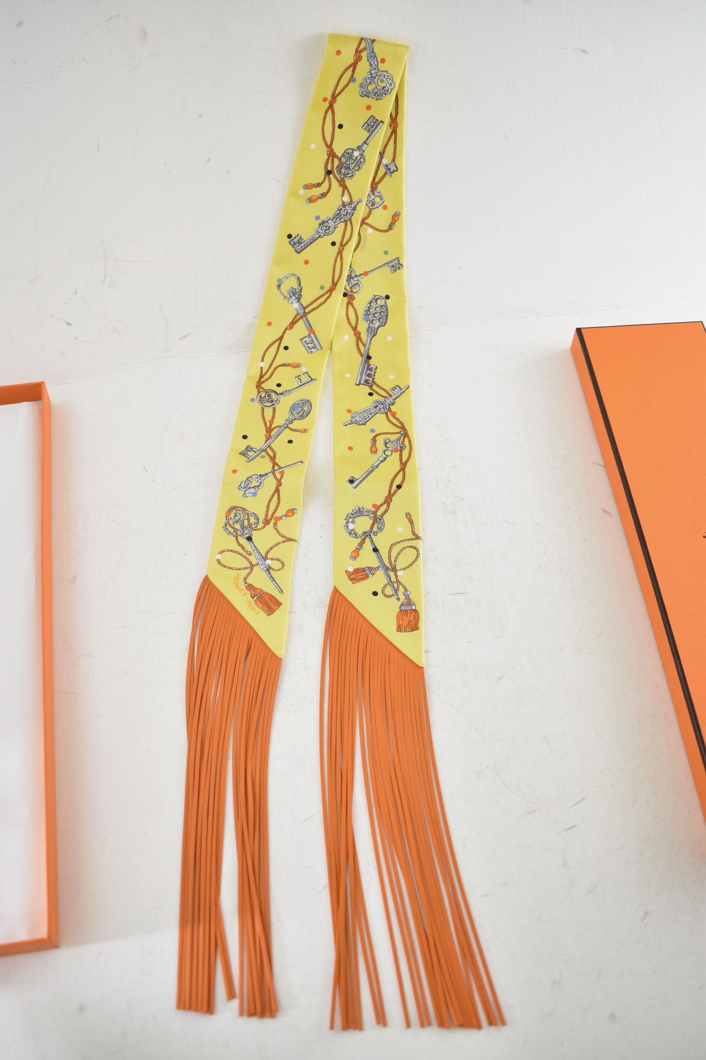 Hermes Scarf Twilly Fringe Leather Les Cles A Pois Jaune Argent Vif Size ONE SIZE - 3 Thumbnail