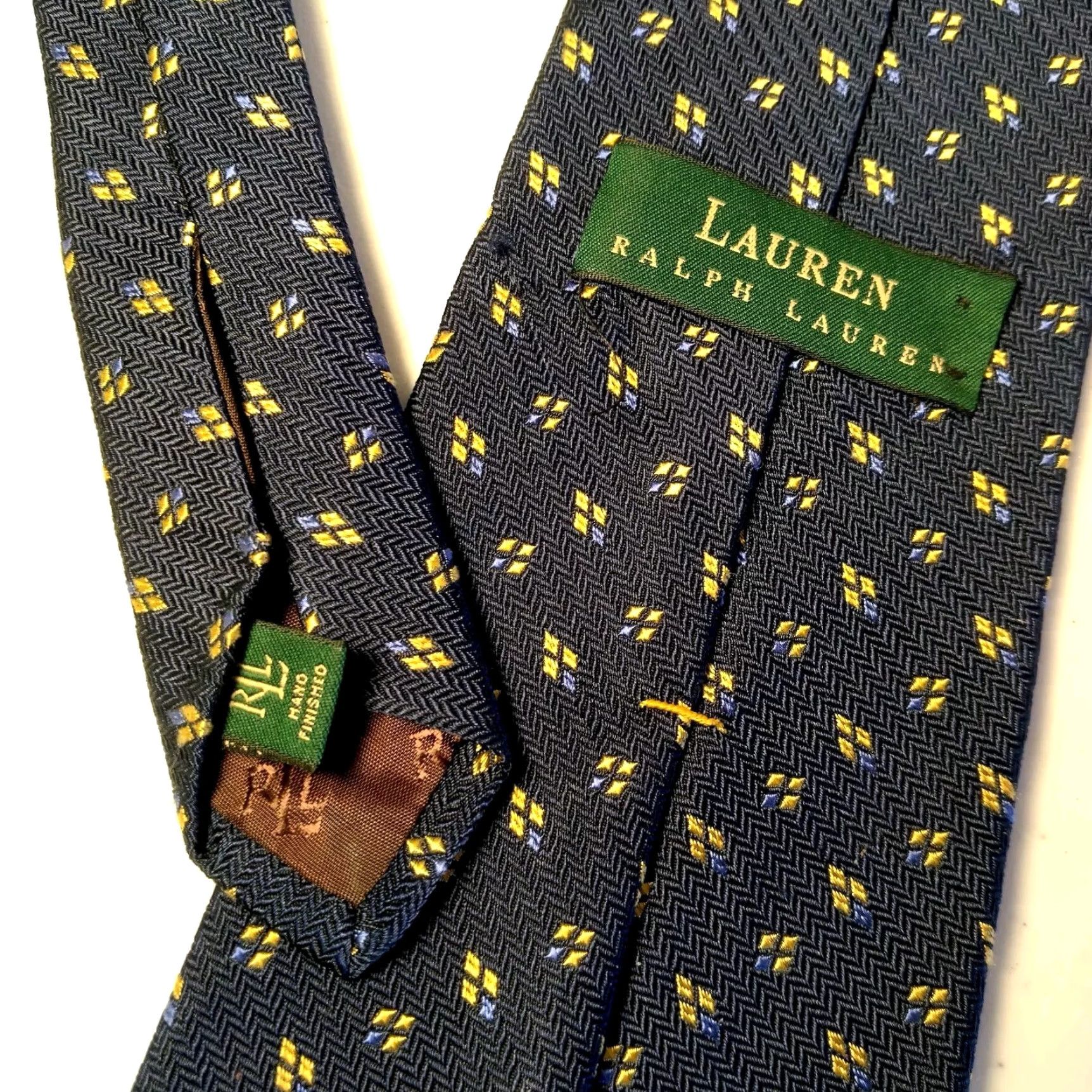 Ralph Lauren VINTAGE Lauren Ralph Lauren Tie Geometric Silk USA Made 57.5" Blue Yellow Diamond Pattern Men's Necktie Size ONE SIZE - 5 Thumbnail