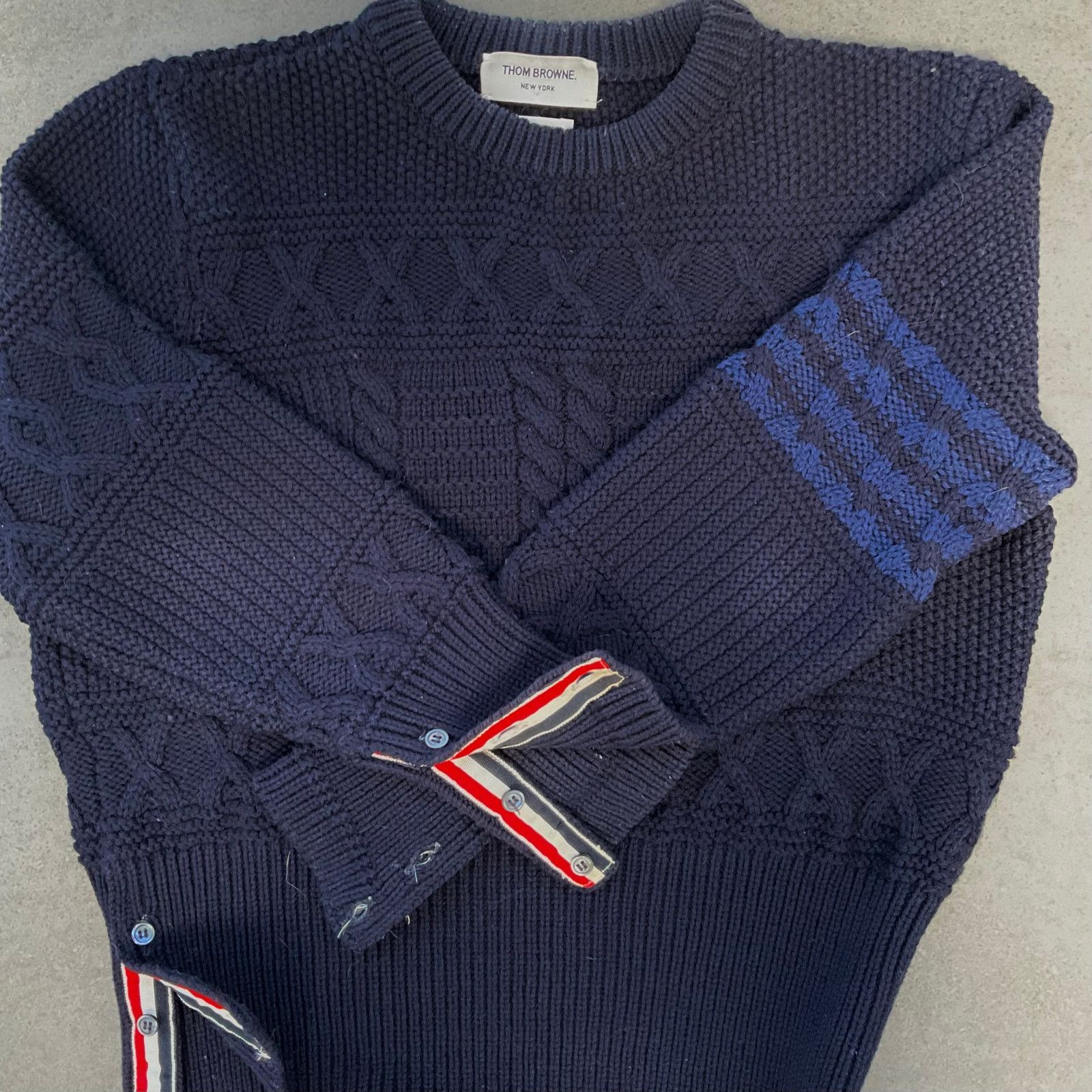 THOM BROWNE: Mens Blue Wool Cable Knit Crew 4 Bar Stripe-2