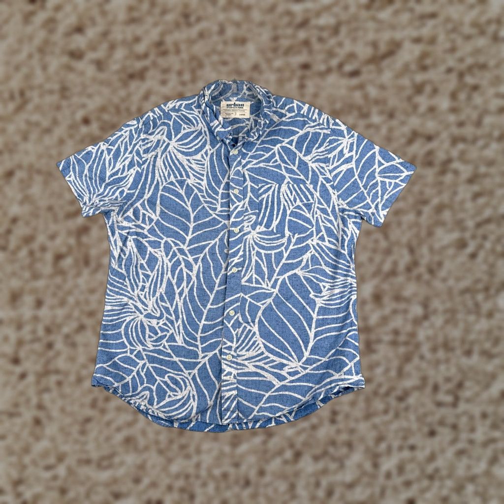 Vintage Urban Pipeline Shirt Adult Large Blue White Floral Leaf Print Cotton Hawaiian Bird Pattern Button-Up Short Sleeve Size US L / EU 52-54 / 3 - 1 Thumbnail