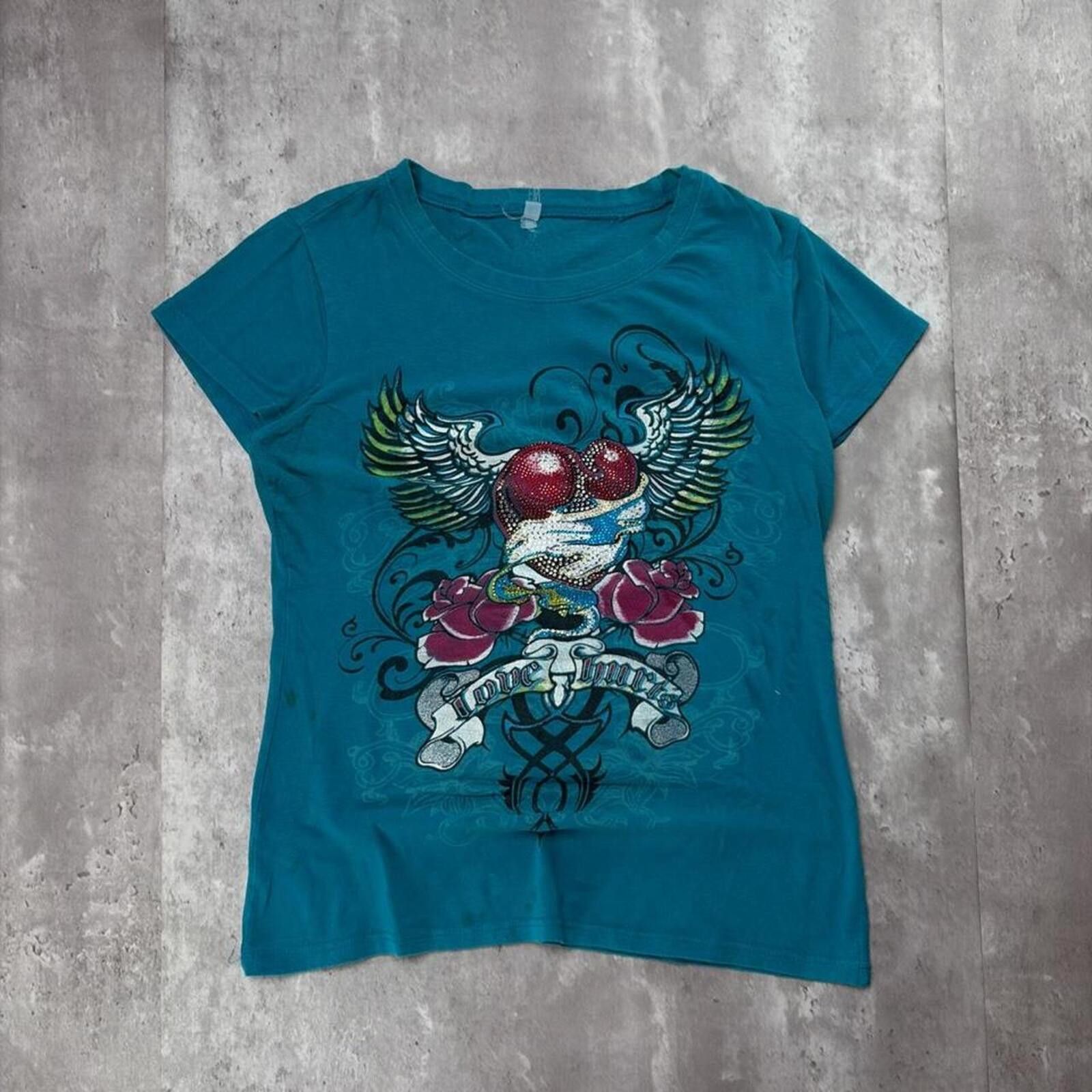 Other Y2K Teal Love Hurts Grunge Gothic Embellished T-Shirt Size M / US 6-8 / IT 42-44 - 1 Thumbnail