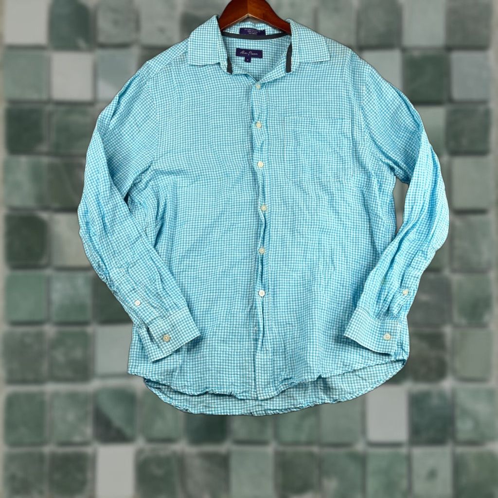 Vintage Alan Flusser Shirt Mens Button-Up Long Sleeve Linen Blend Gingham Medium Light Blue Casual Dress/Party Shirt Size US M / EU 48-50 / 2 - 1 Thumbnail