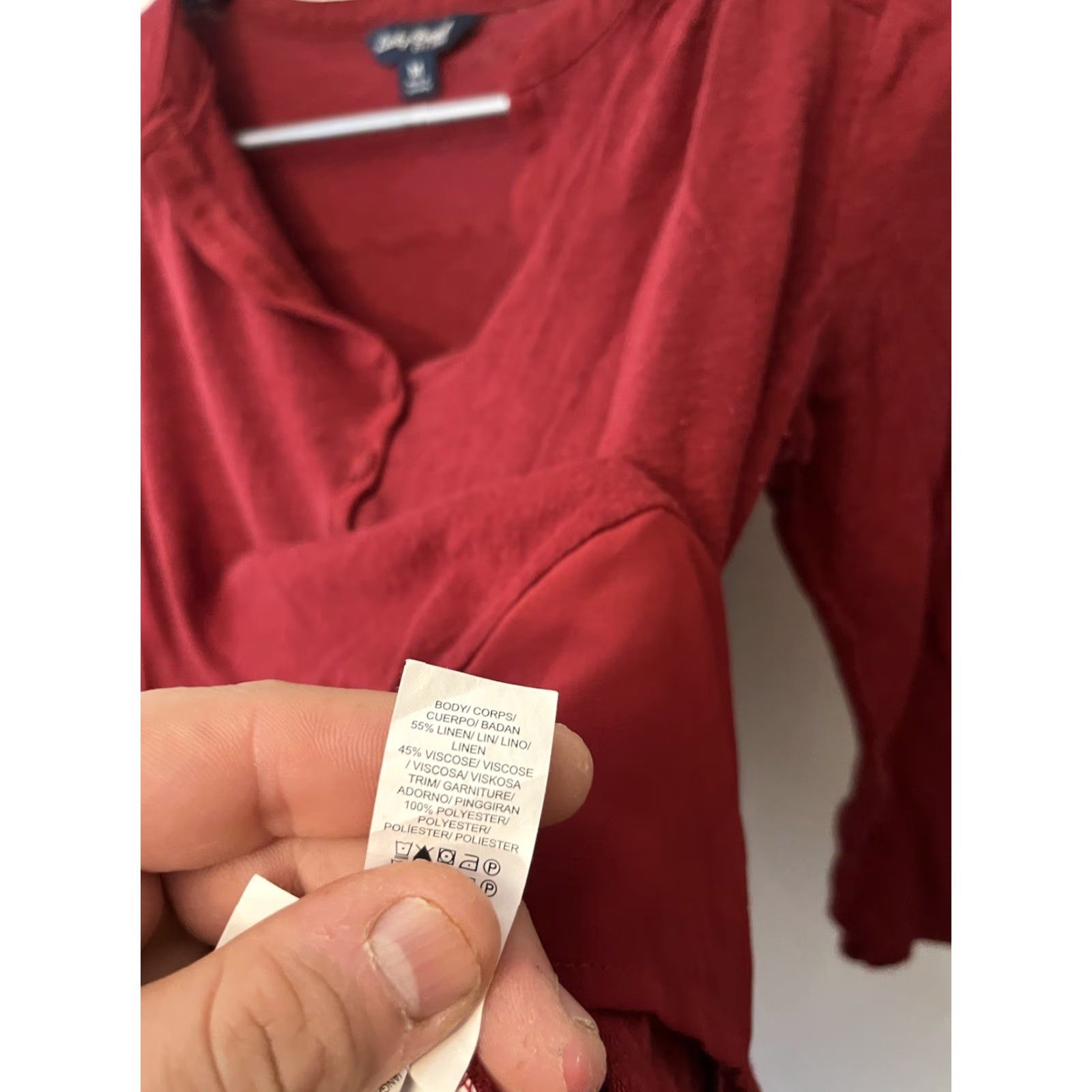 Lucky Brand Lucky Brand Linen Blend Textured Henley 3/4 Sleeve Top Womens Size M Red Shirt Blouse Casual Workwear Womens Modern Basic Size M / US 6-8 / IT 42-44 - 4 Thumbnail