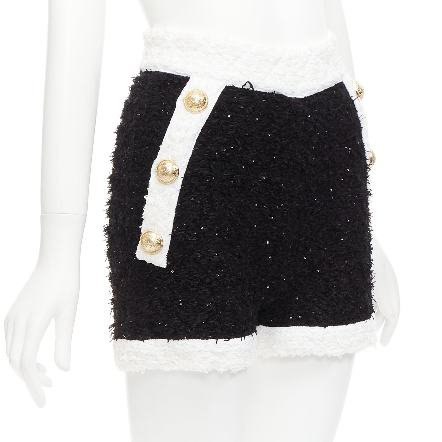 Balmain BALMAIN black white sequins tweed gold buttons zip high waisted shorts FR34 XS Size 26" / US 2 / IT 38 - 1 Thumbnail