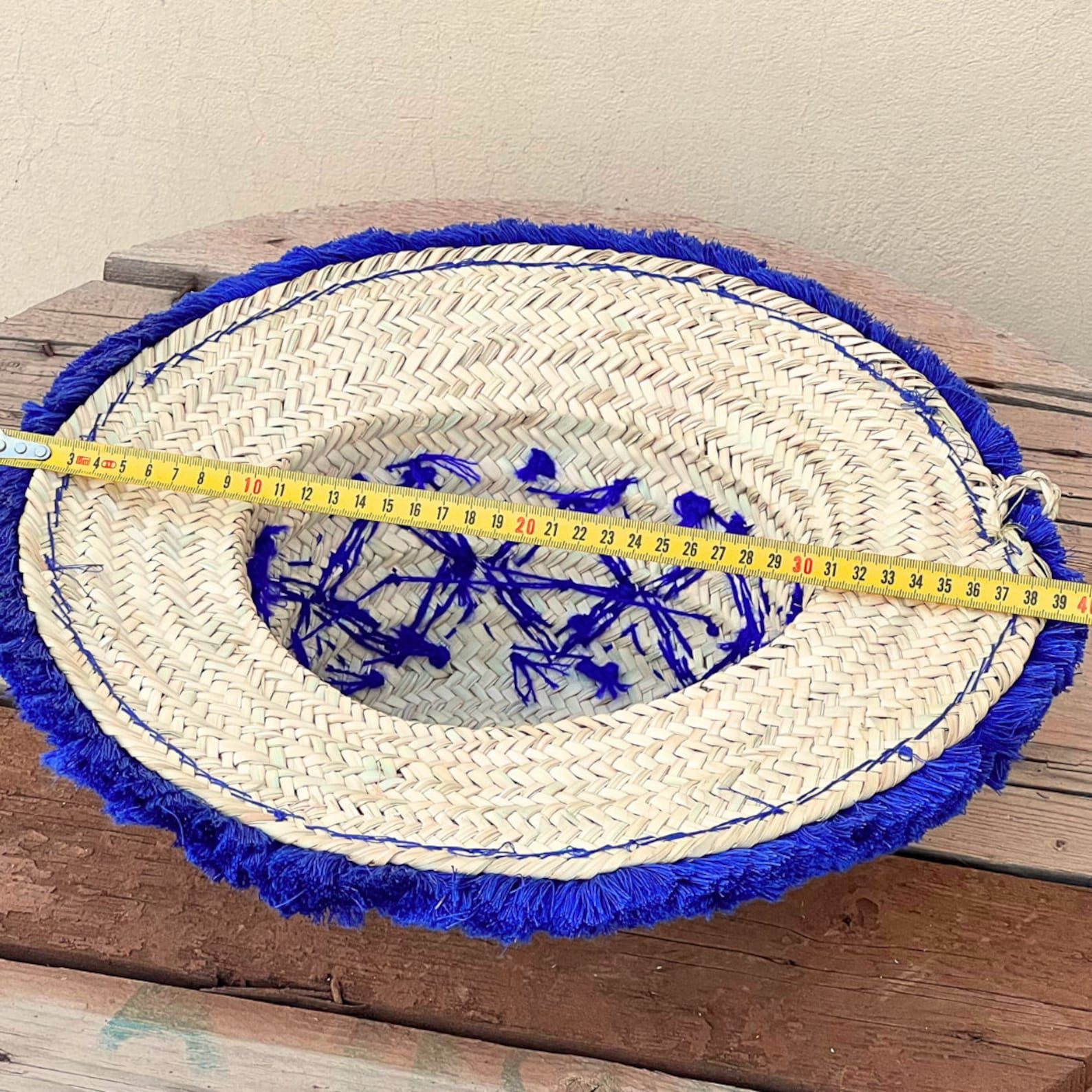 Vintage Moroccan Handmade Blue Patterned Straw Hat Size ONE SIZE - 7 Thumbnail