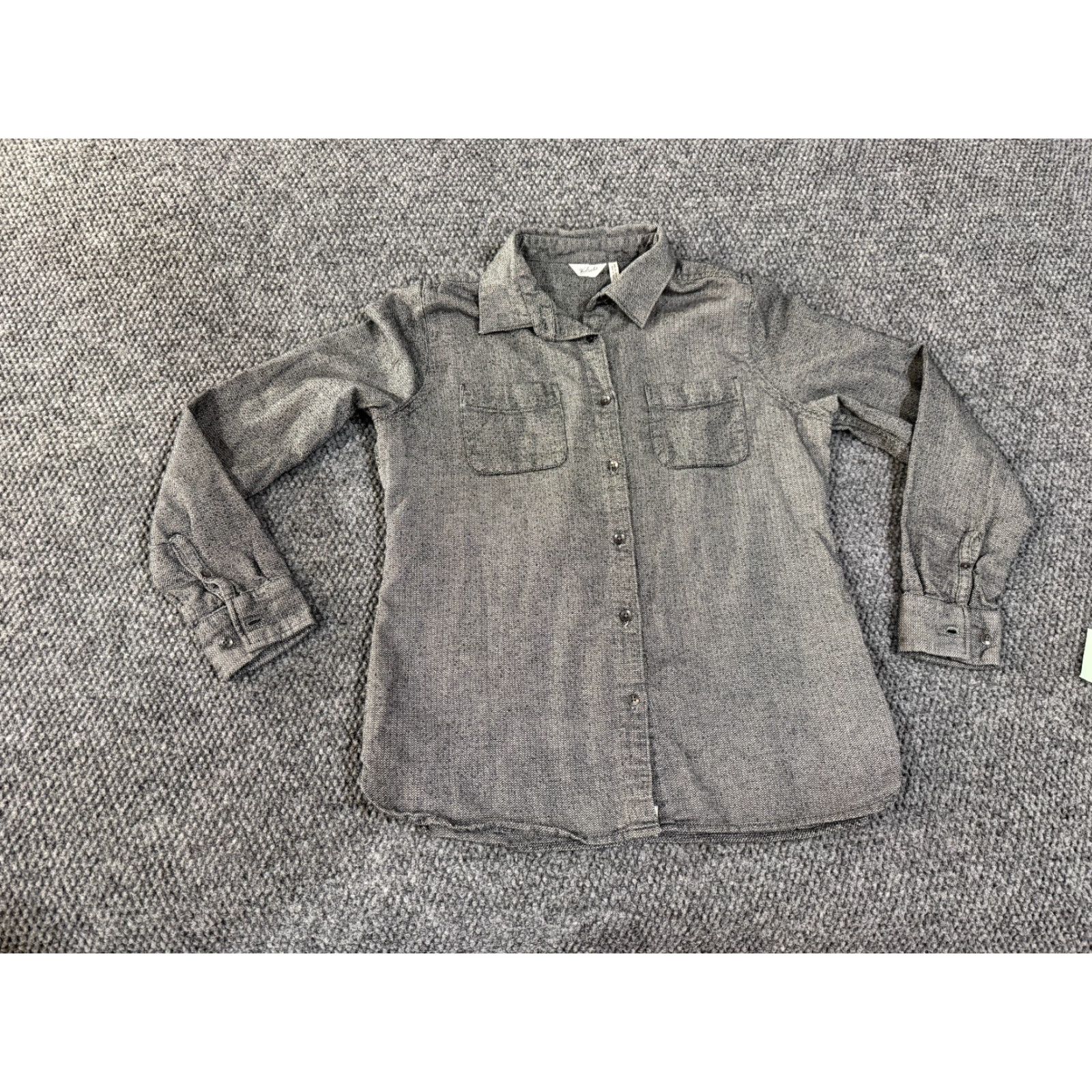 Vintage Woolrich Button-Up Shirt Womens Medium Gray Herringbone Long Sleeve Classic, Cotton, Lightweight, All Seasons, Casual, Regular, Gray Size M / US 6-8 / IT 42-44 - 2 Thumbnail
