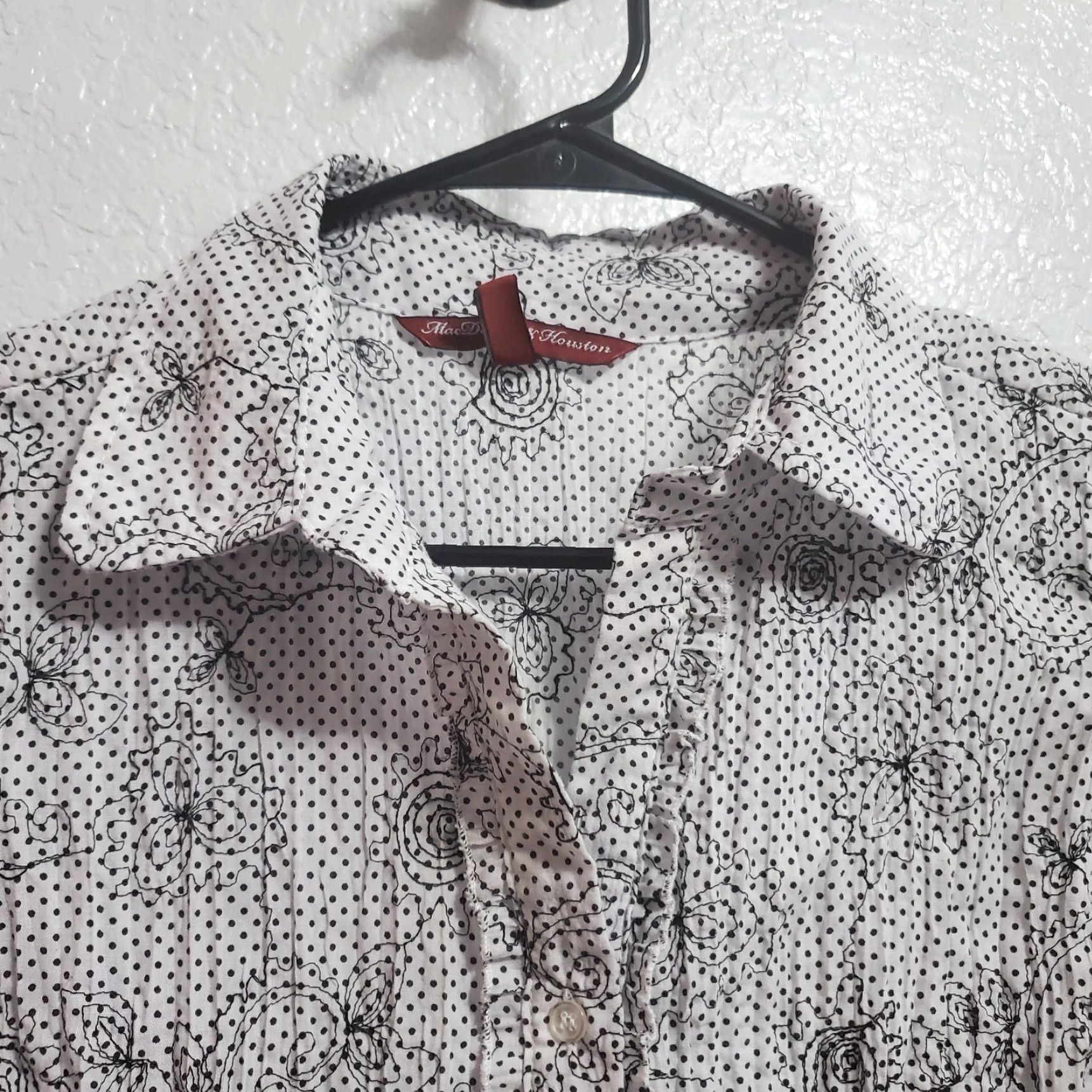 Vintage MacDougal & Houston Top Women L White Black Polka Dot Floral Embroidered Ruffle Button-Up Short Sleeve Collared Size L / US 10 / IT 46 - 4 Thumbnail