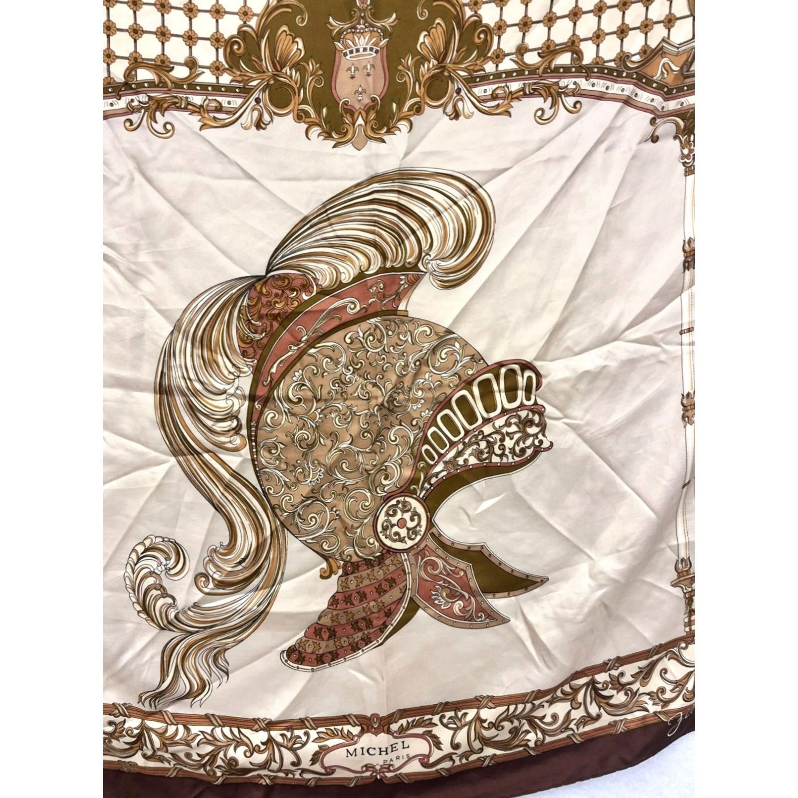 Vintage VINTAGE Michel Paris Silk Scarf Brown Cream Helmet Design Scarf Women Square Like New Size ONE SIZE - 5 Thumbnail
