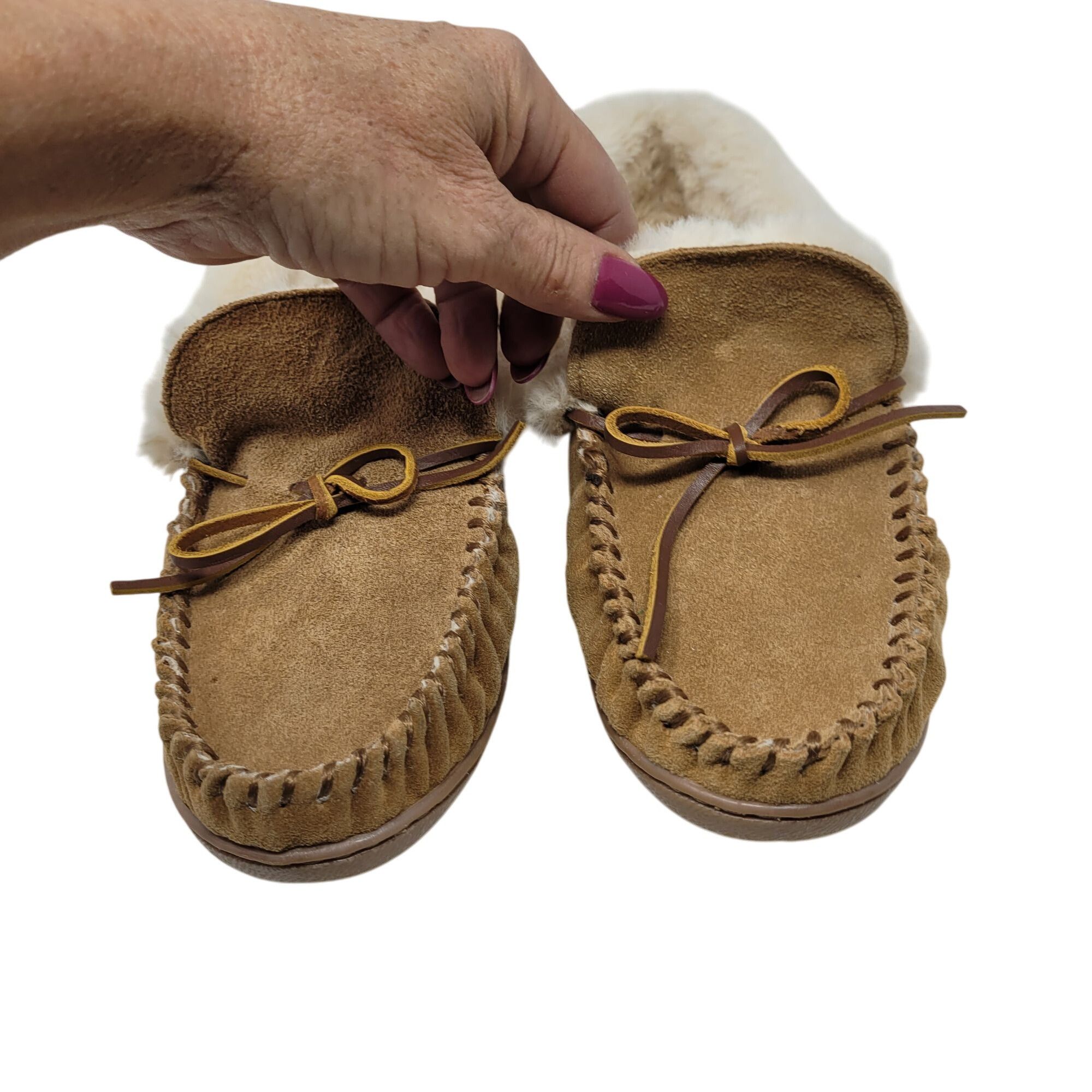Minnetonka Minnetonka Womens Tan Suede Moccasin Slippers Sherpa Faux F Size US 9 / IT 39 - 2 Thumbnail