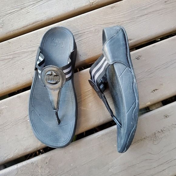 FitFlop Walkstar Black Leather Nylon Flip Flop Sandals 9