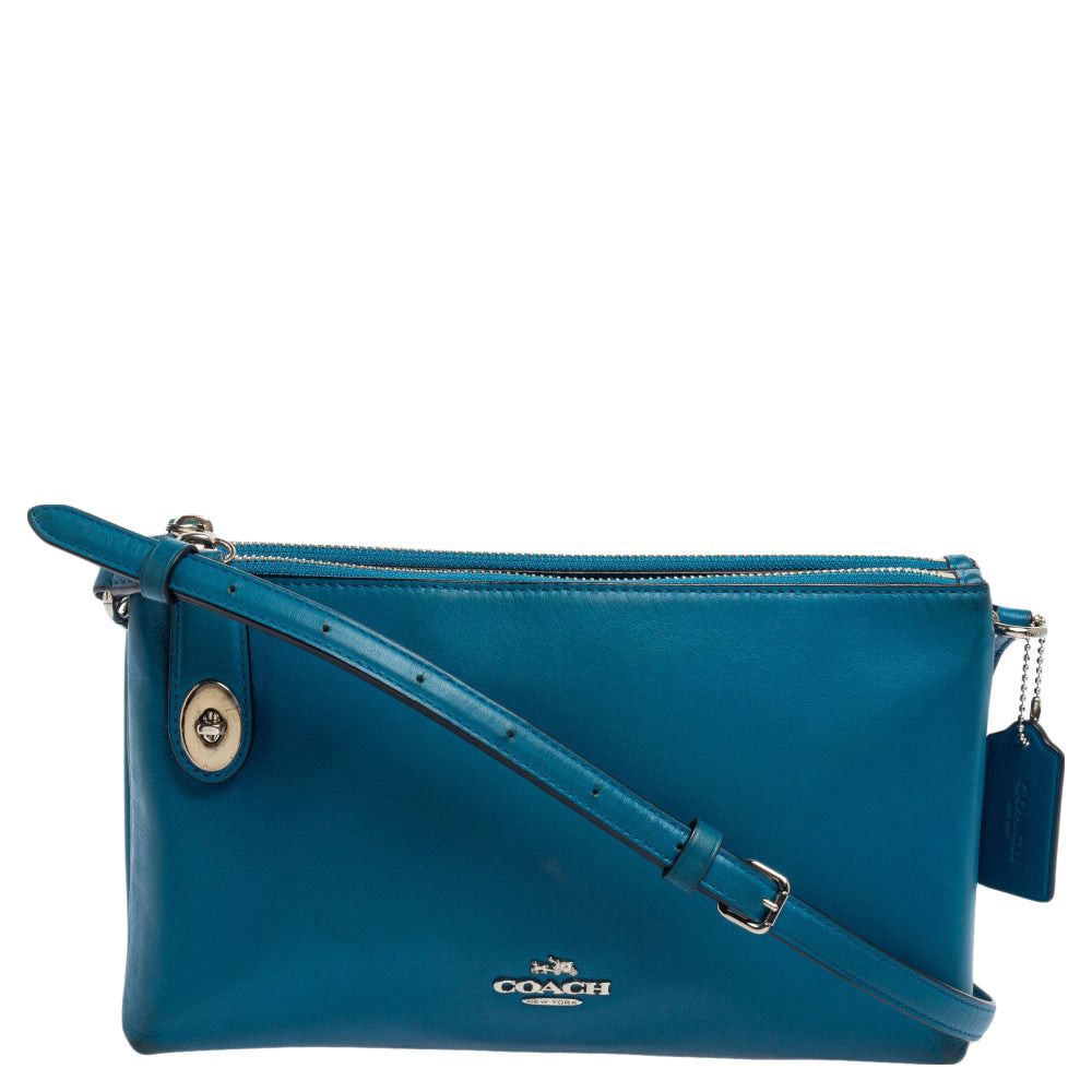 image of Coach Teal Blue Leather Crosby Double Zip Crossbody Bag in Black, Women's
