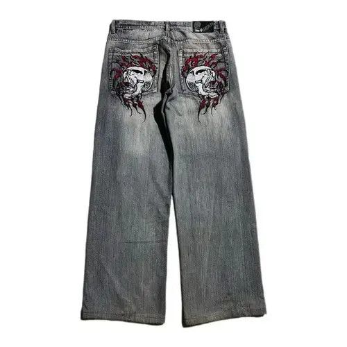 Japanese Brand Street Women Skull Embroidered Loose Fit Jeans Size 34" / US 12 / IT 48 - 4 Thumbnail