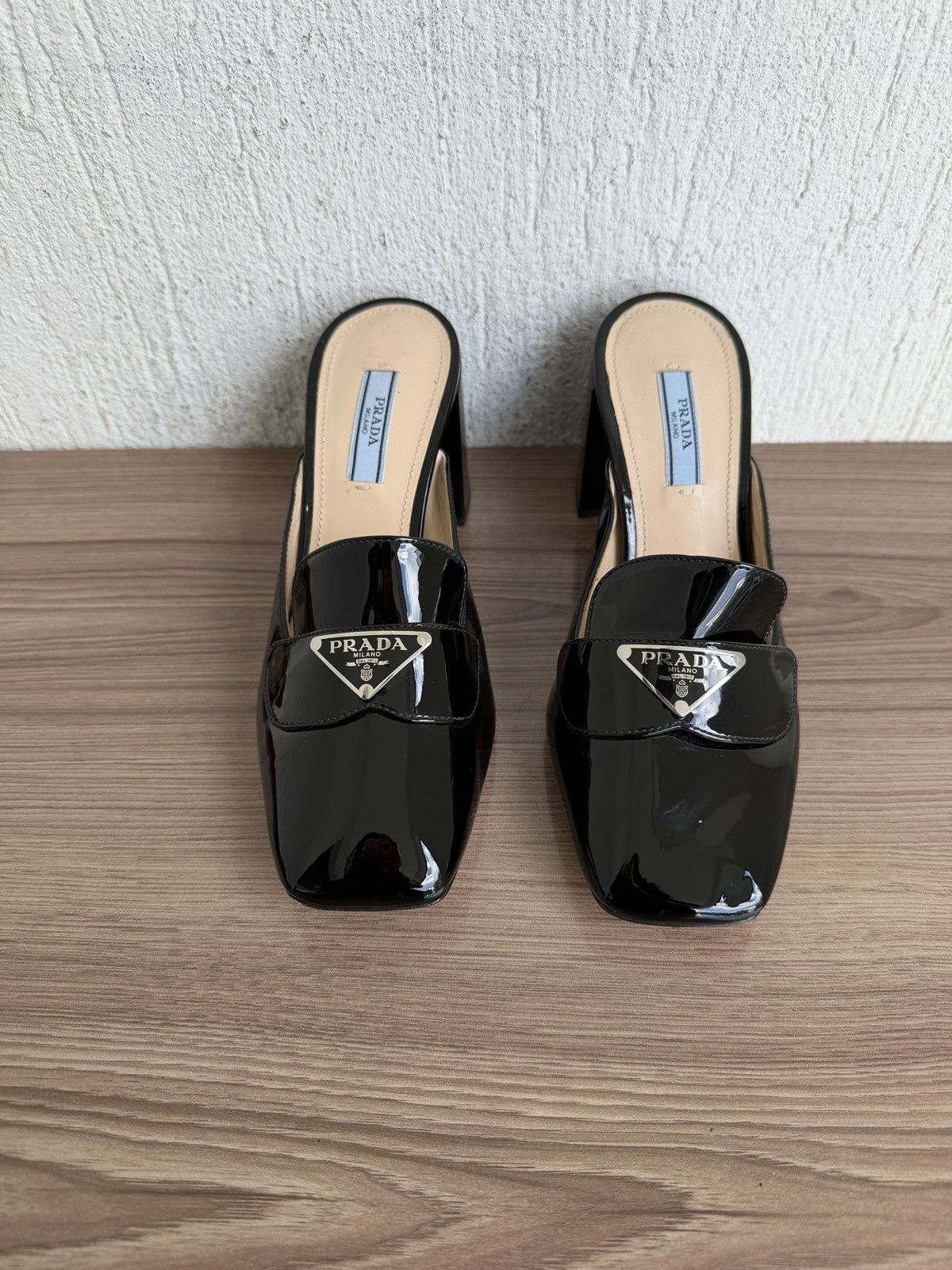 Prada Patent leather triangle logo mules heel Size US 7 / IT 37 - 2 Thumbnail