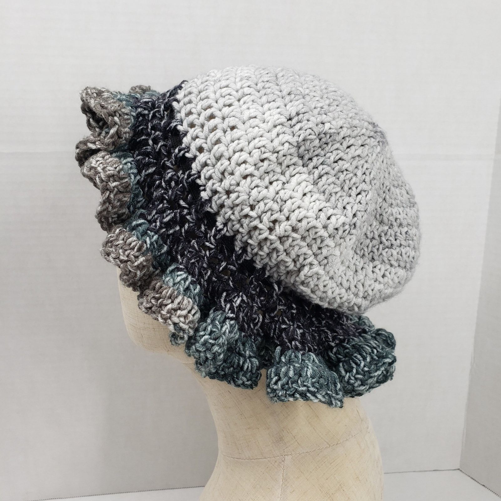Handmade Handmade Crochet Ruffle Hat Gray Bucket Slouchy Beanie Boho Size ONE SIZE - 3 Thumbnail
