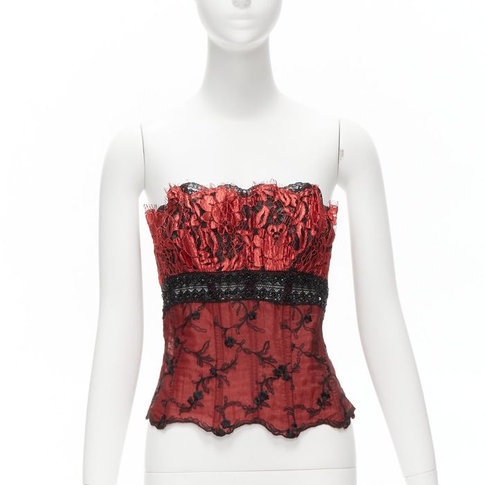 La Perla RITMO DI PERLA La Perla Vintage red black beaded lace lurex sheer  corset bustier top IT46 XL