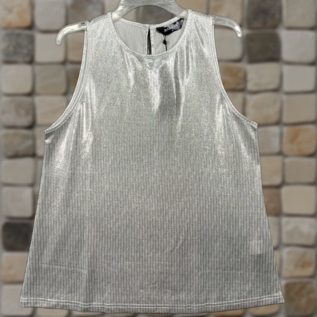 Vintage Allegra K Top Women's M White Silver Shiny 1 Button Closure Machine Washable Tank Blended Fabric Size M / US 6-8 / IT 42-44 - 1 Thumbnail