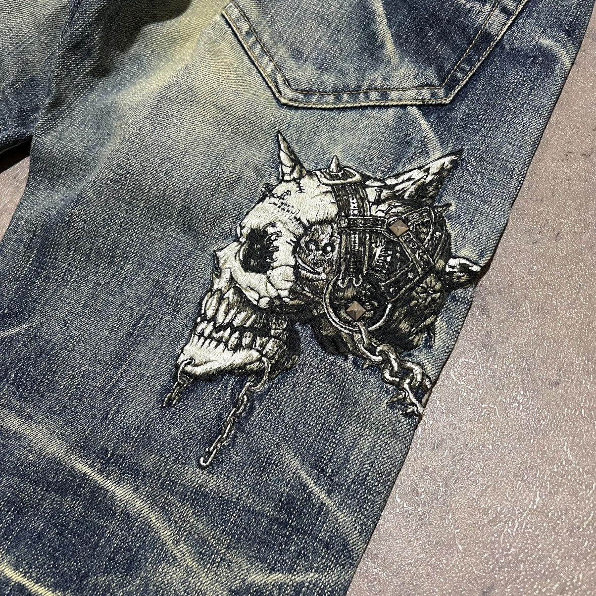 Japanese Brand Nippon Blue Jizo Bosatsu Skull Embroidery Whiskered Jeans Size US 30 / EU 46 - 8 Thumbnail