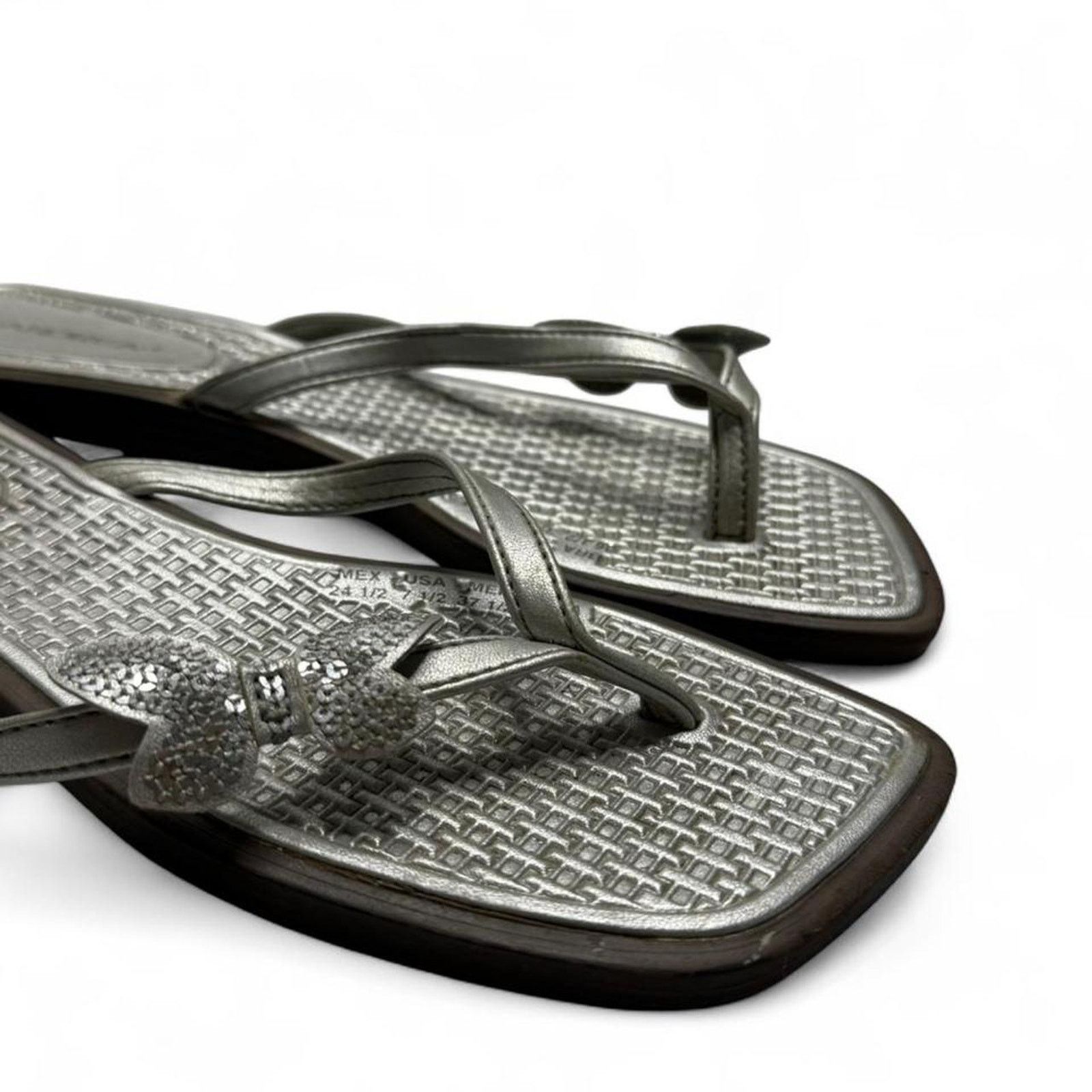Zara Square Toe Y2K Tropical Summer Silver flip flops size 8 Size US 8 / IT 38 - 5 Thumbnail