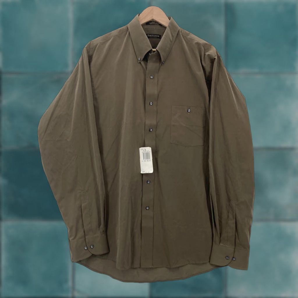 Van Heusen VINTAGE Van Heusen Dress Shirt Men Olive Poplin Button-Down Long Sleeve 16.5 NWT Size 46R - 1 Thumbnail