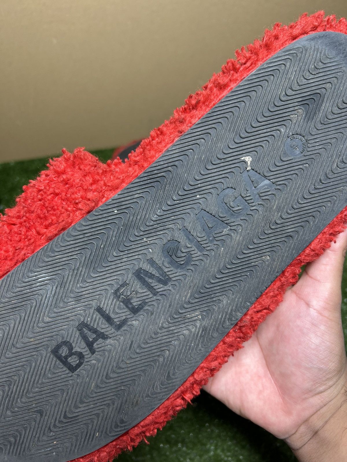 Balenciaga furry slides red