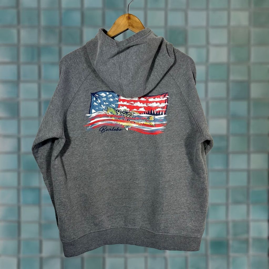 Vintage Burlebo Mens Gray American Flag Trout Fishing Hoodie Sweatshirt Raglan Large L Size US L / EU 52-54 / 3 - 1 Thumbnail