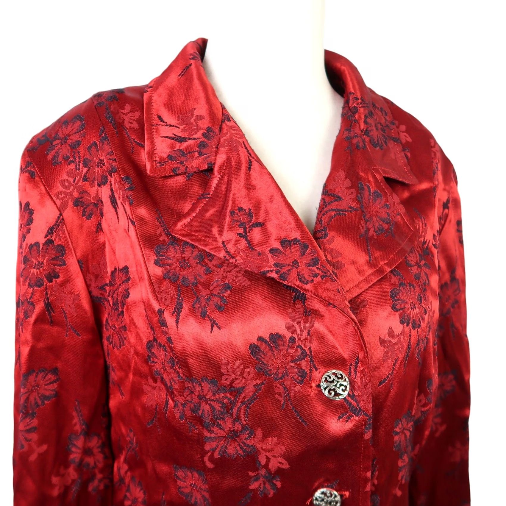 Vintage VINTAGE 90s Dawn Joy Blazer Jacket Floral Satin Red Women's 12 Short Button Front Deep Red Satin 21" Measurements 90s Theme Girls Womens Size XL / US 12-14 / IT 48-50 - 2 Thumbnail