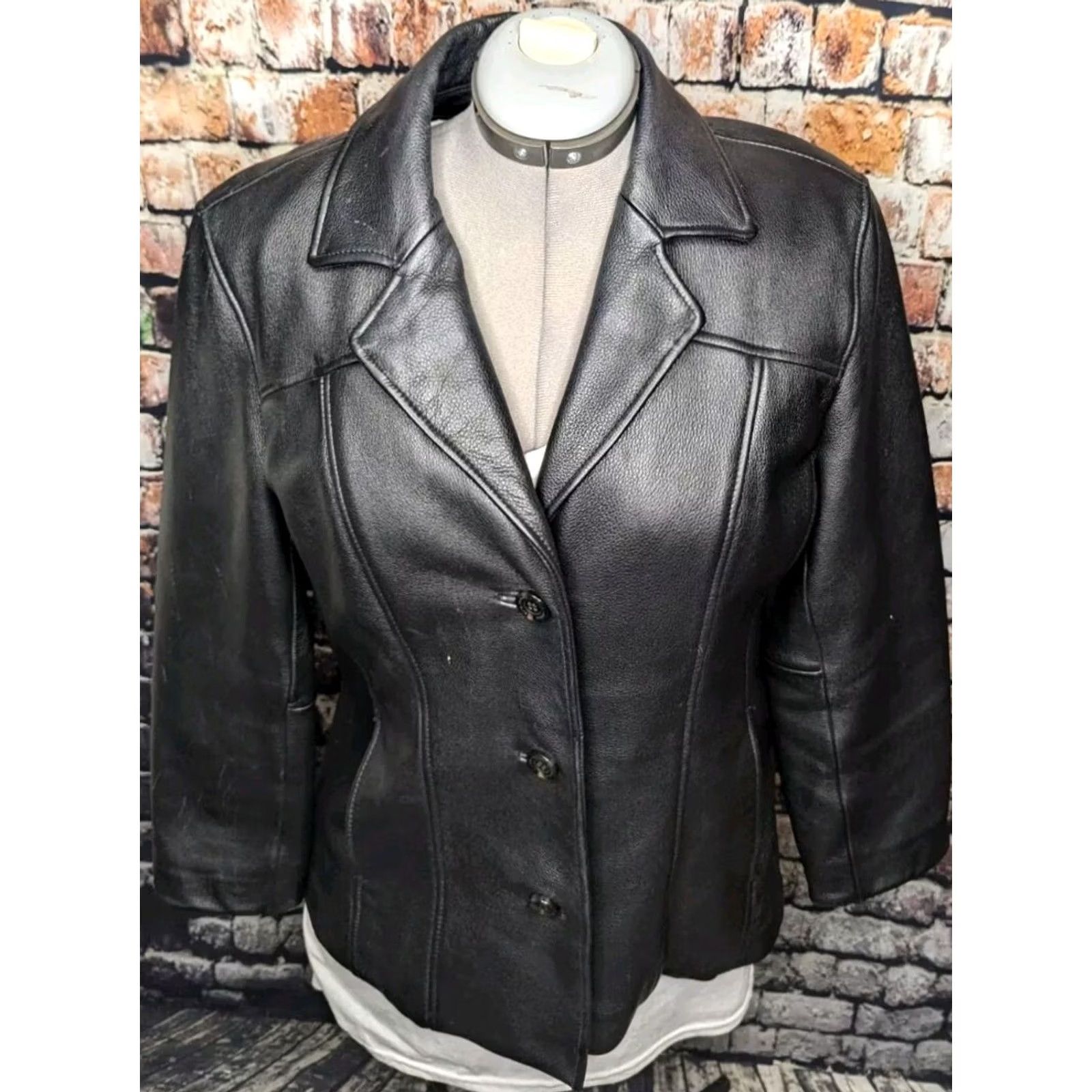 Vintage Wilsons Leather Womens Jacket Large Black Button Heavy Duty Car Church Coat Size L / US 10 / IT 46 - 6 Thumbnail