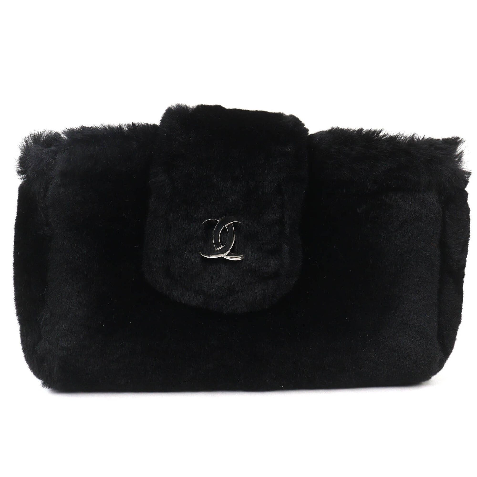 Chanel CHANEL Vintage Coco Mark Leather and Orilag Fur Pouch, Black with Silver Hardware, Comes Box, Made in Italy, Women's. Size ONE SIZE - 1 Thumbnail
