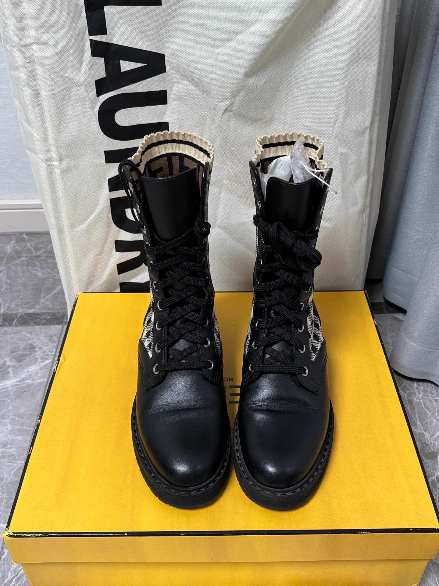 Fendi Fendi Black & White Checkered Jacquard Ankle Boots K6 Size US 6 / IT 36 - 2 Thumbnail