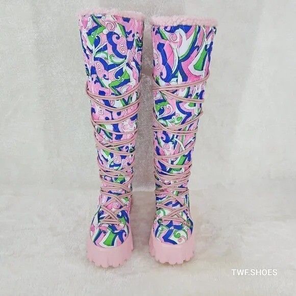 Other Winter Stomper 2" Platform Knee Boots Pink Design Fur Trim Size US 9 / IT 39 - 3 Thumbnail