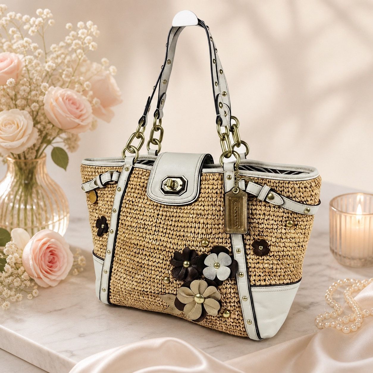 Coach Coach Straw Tea Rose Turnlock Tote Large Bag Size ONE SIZE - 1 Thumbnail