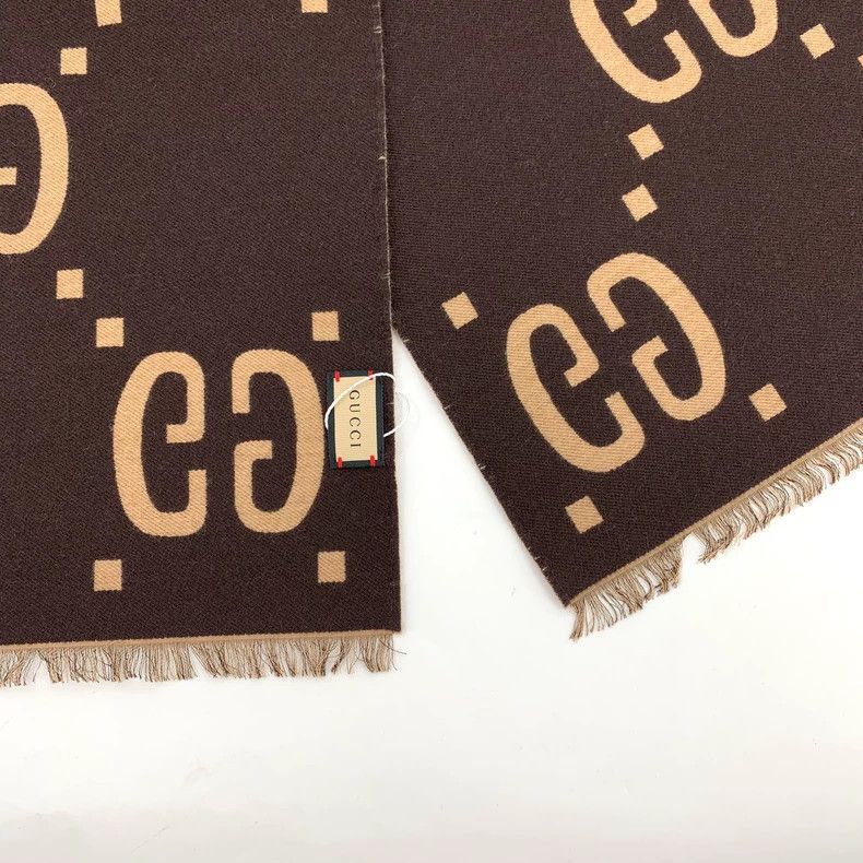 Gucci Gucci Brown logo jacquard full-print wool tassel scarf Size ONE SIZE - 6 Thumbnail