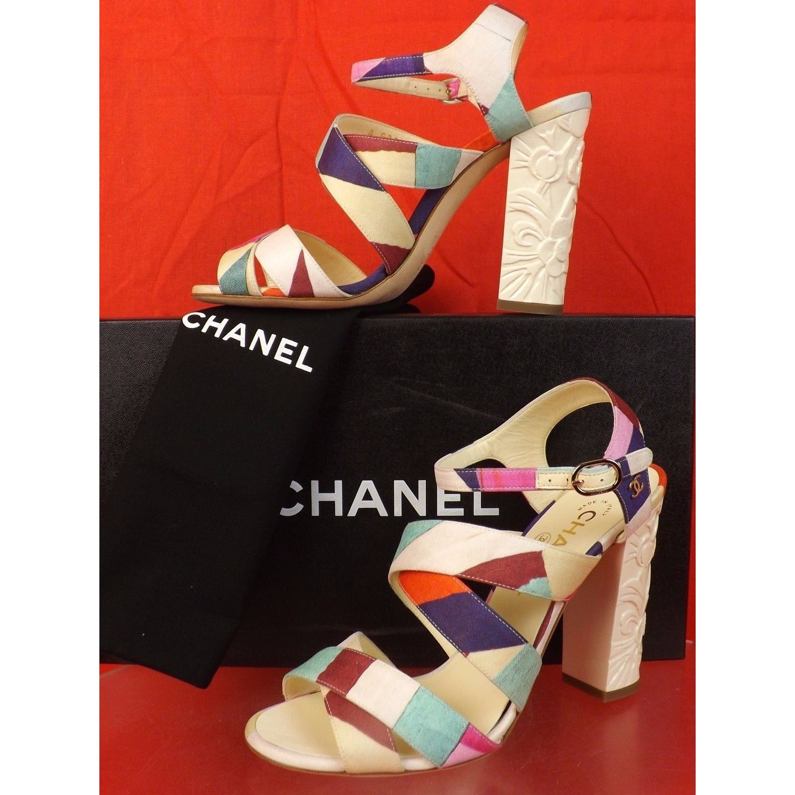 Chanel CHANEL MULTICOLOR CANVAS CC LOGO FLOWERS SANDALS PUMPS 38 Size US 8 / IT 38 - 1 Thumbnail