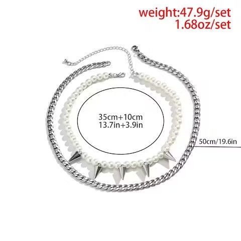 Jewelry × Vintage Imitation Pearl Beads Chain Spikes Short Choker Necklace Men Size ONE SIZE - 3 Thumbnail