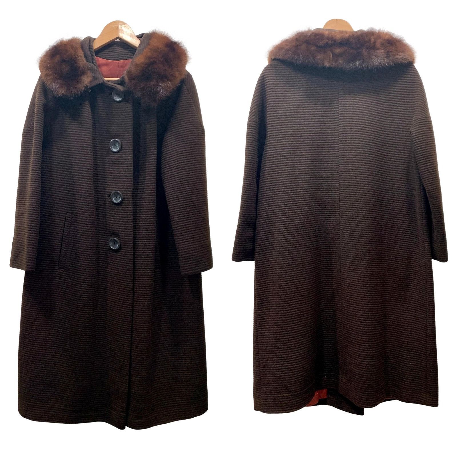 Vintage 60s Brown Ribbed Wool Coat w Mink Collar | Small Size S / US 4 / IT 40 - 1 Thumbnail