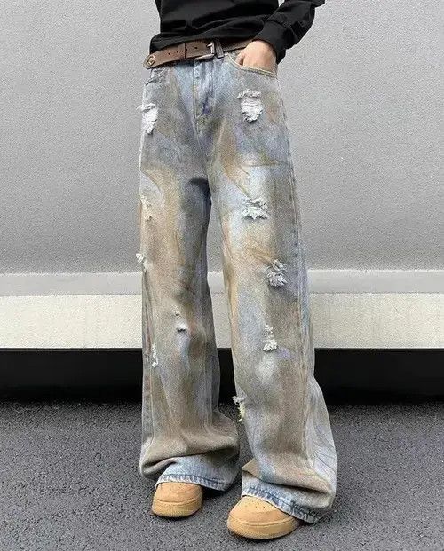 Jean Dirty Wash Blue Baggy Distressed Jeans Size US 34 / EU 50 - 1 Thumbnail