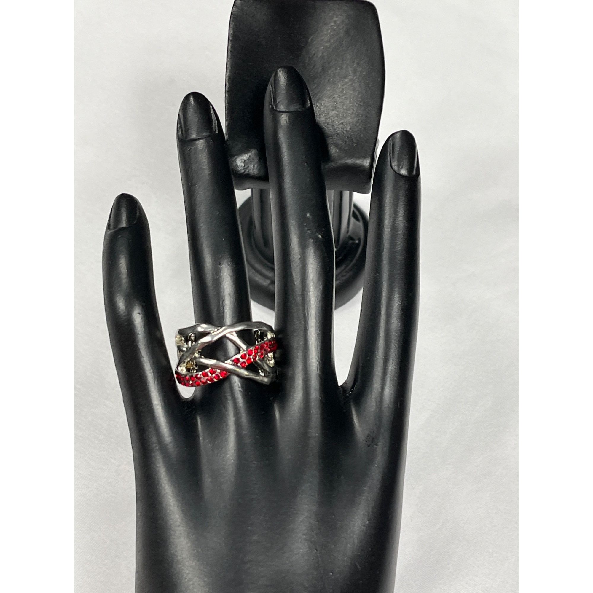 Vintage Silver Tone Stretchable Ring SKU 007 With Red Rhinestone Acc Size ONE SIZE - 1 Thumbnail