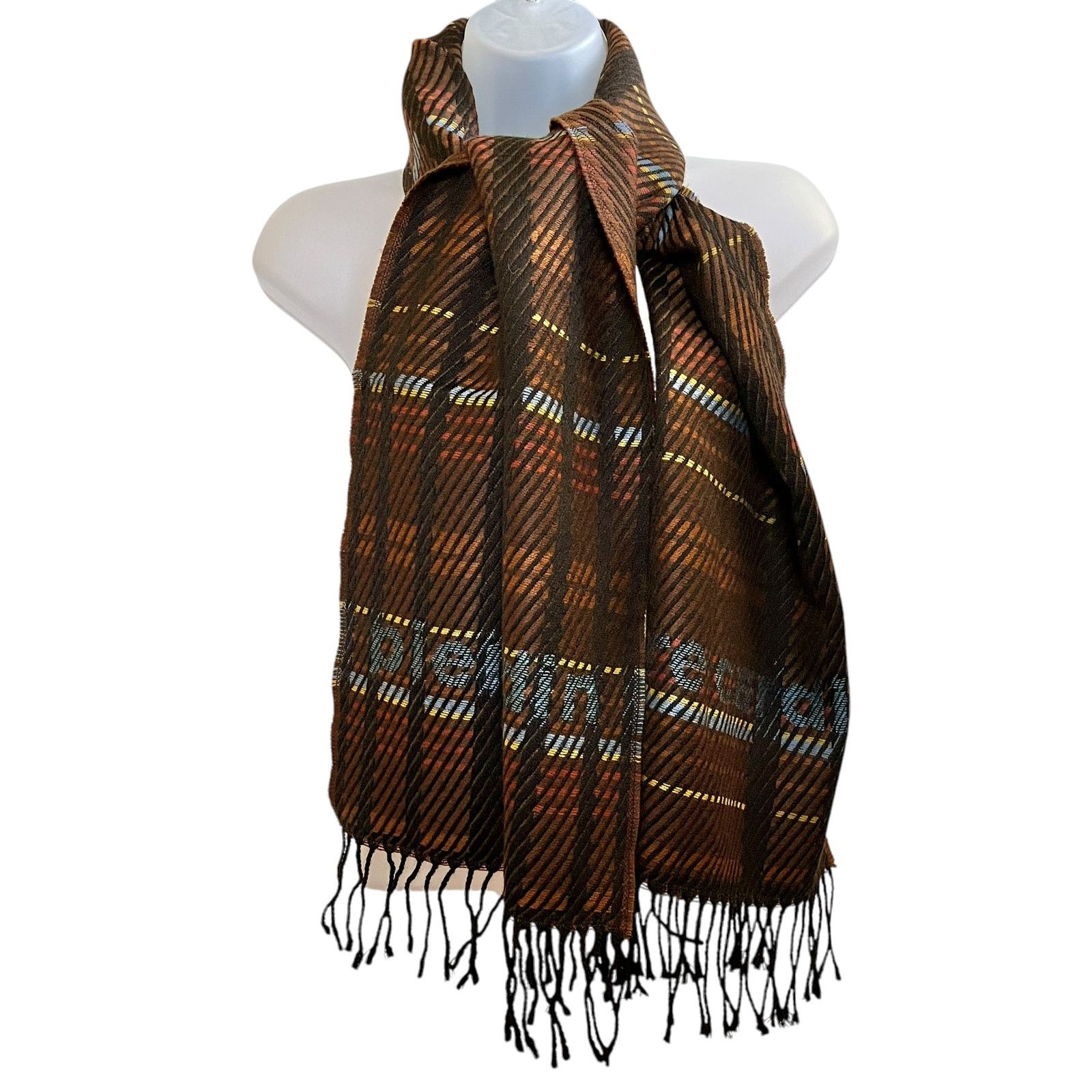 Pierre Cardin × Vintage Pierre Cardin Jacquard Brown Plaid Wool-Blend Fringe Scarf Size ONE SIZE - 2 Thumbnail