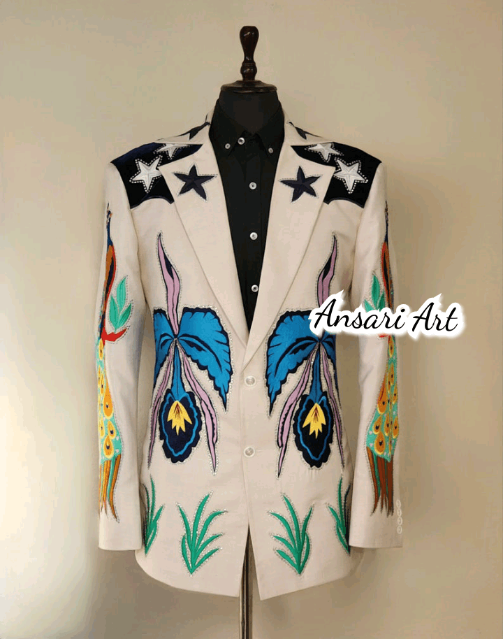 Other Men 2Pc Bespoke Peacock Embroidered Wedding cocktail Outfits Size 42L - 1 Thumbnail