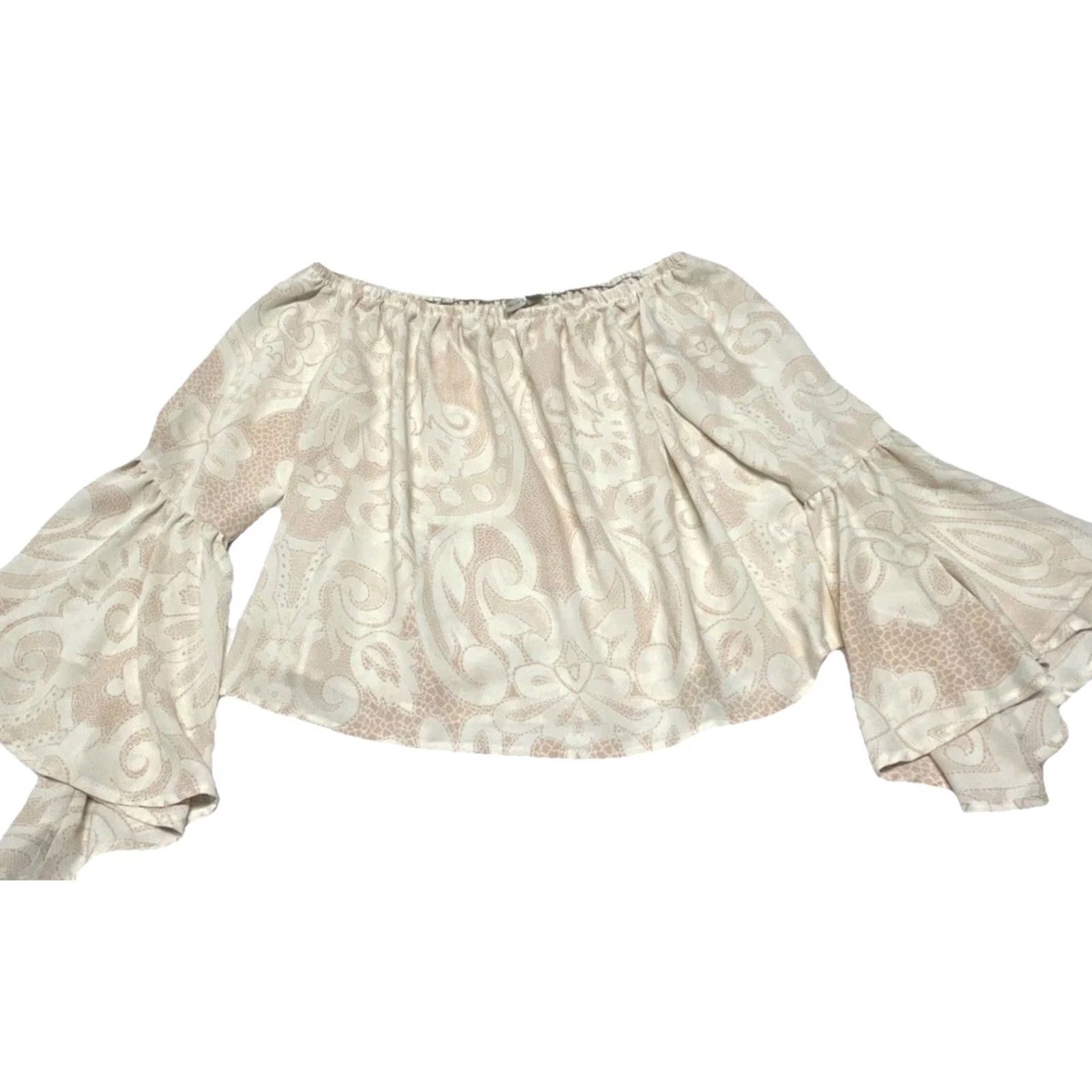 Vintage VINTAGE Boho Off Shoulder Crop Top Womens M Cream Floral Peasant Bell Sleeve Cottagecore Size M / US 6-8 / IT 42-44 - 7 Thumbnail