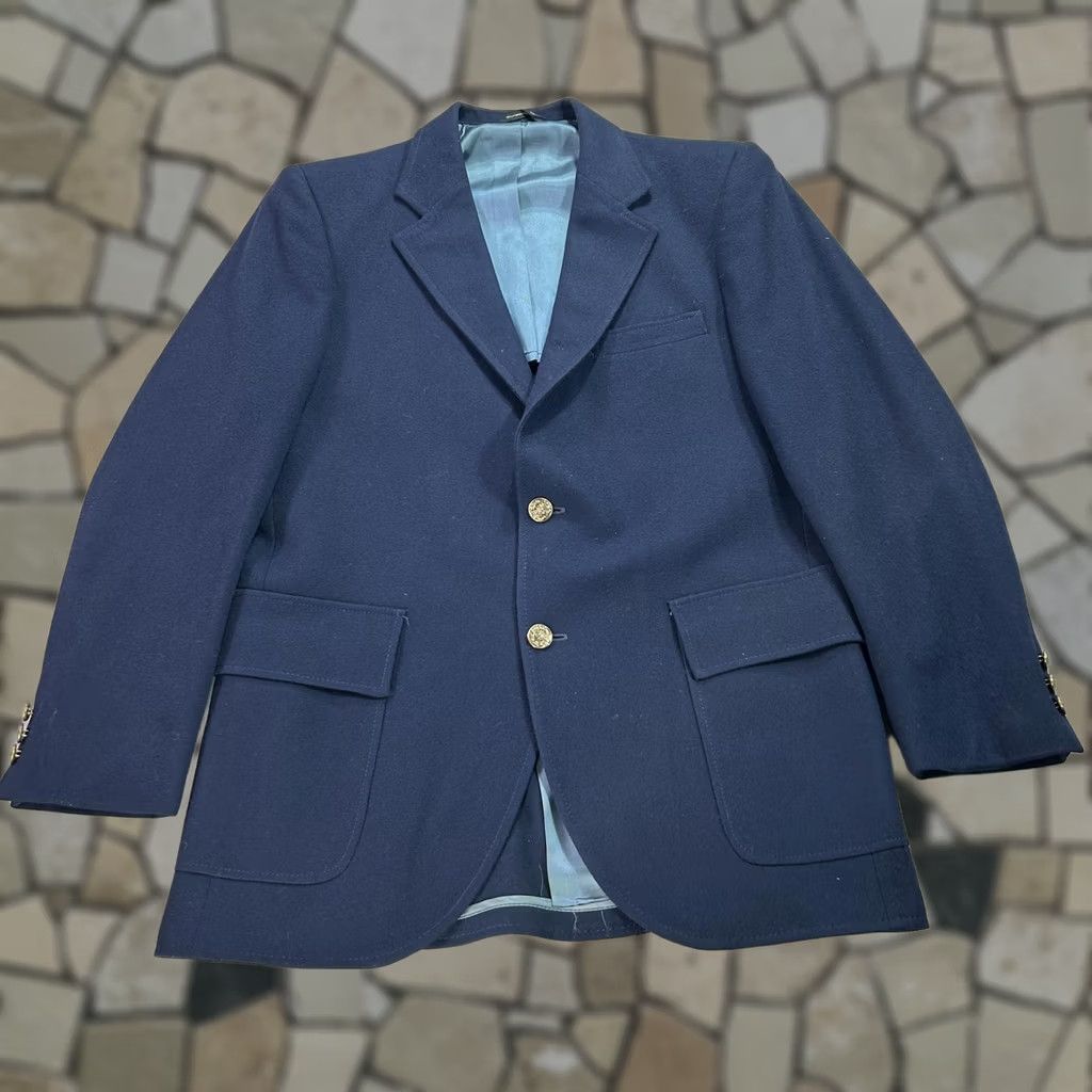Vintage VTG Derby of San Francisco Blazer Mens 40 Wool Gold Button Sport Coat Classic Navy Blue 2 Piece Notch Lapel Two-Button Cuff Three-Button Vintage Size 40R - 1 Thumbnail