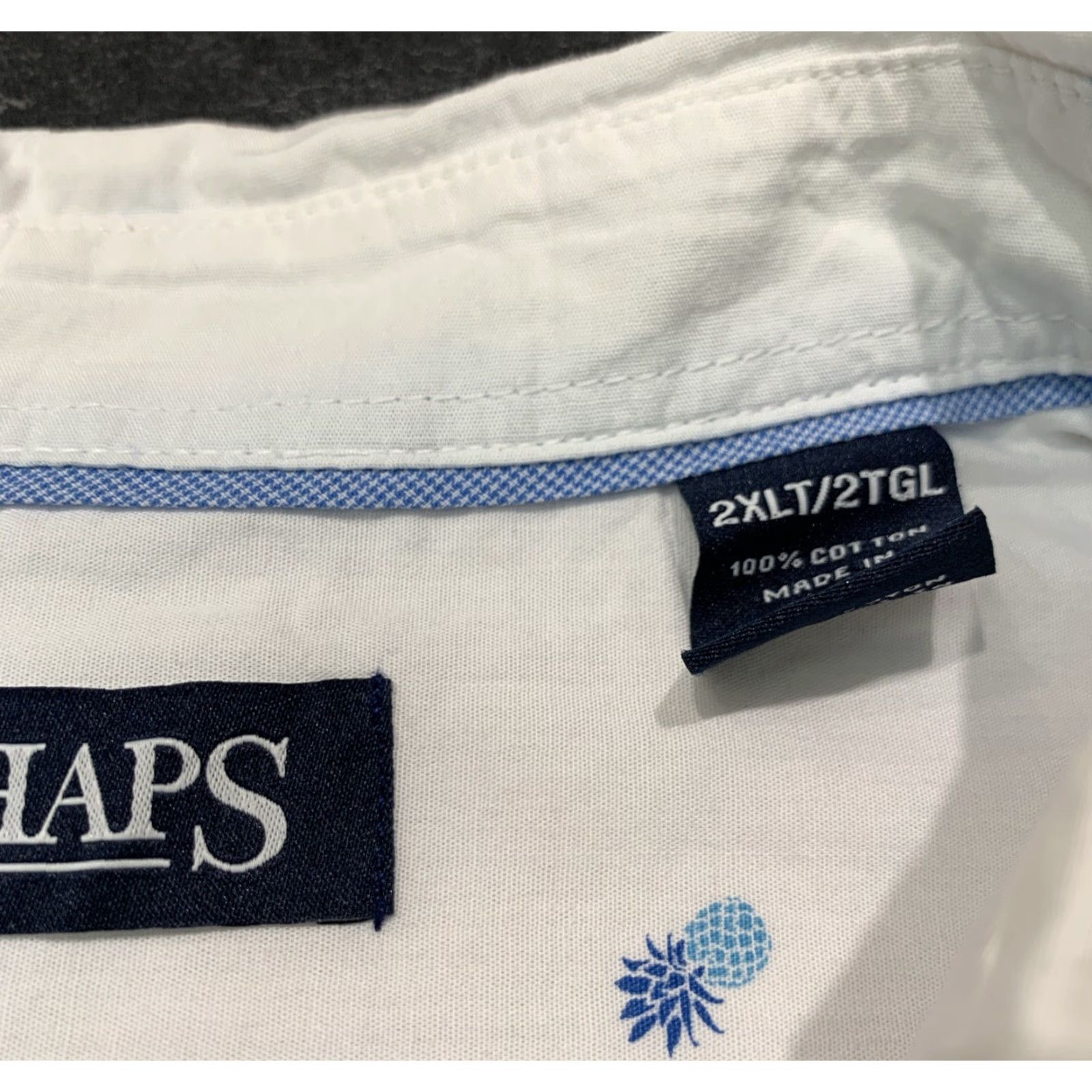 Chaps Chaps Button-Up Shirt Short Sleeve Cotton White with Blue Pineapple 2XLT Mens Size US 39 - 6 Thumbnail