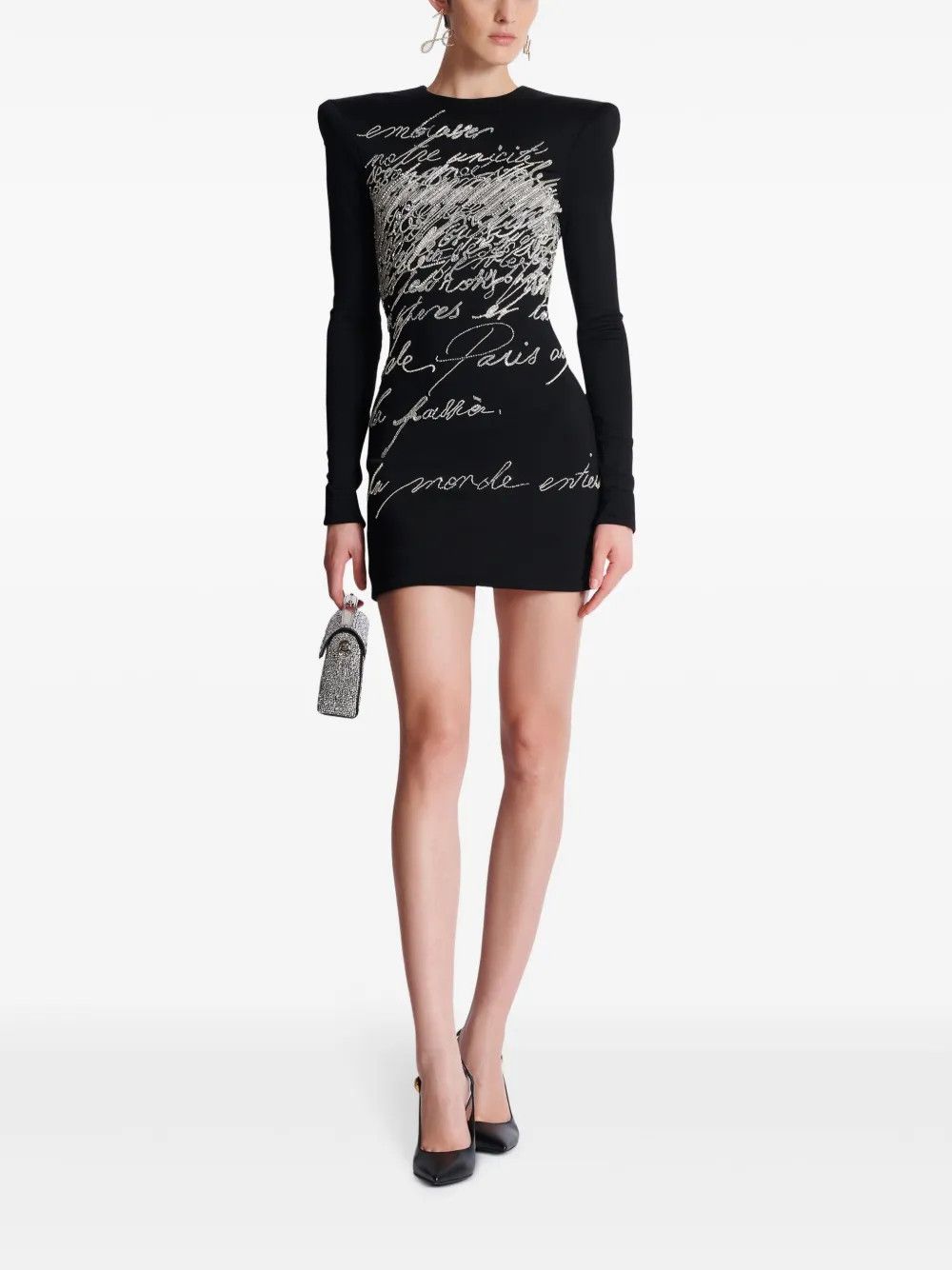 Balmain o1s1wg111225 Embellished Rhinestones Mini Dress in Black Size XL / US 12-14 / IT 48-50 - 2 Thumbnail