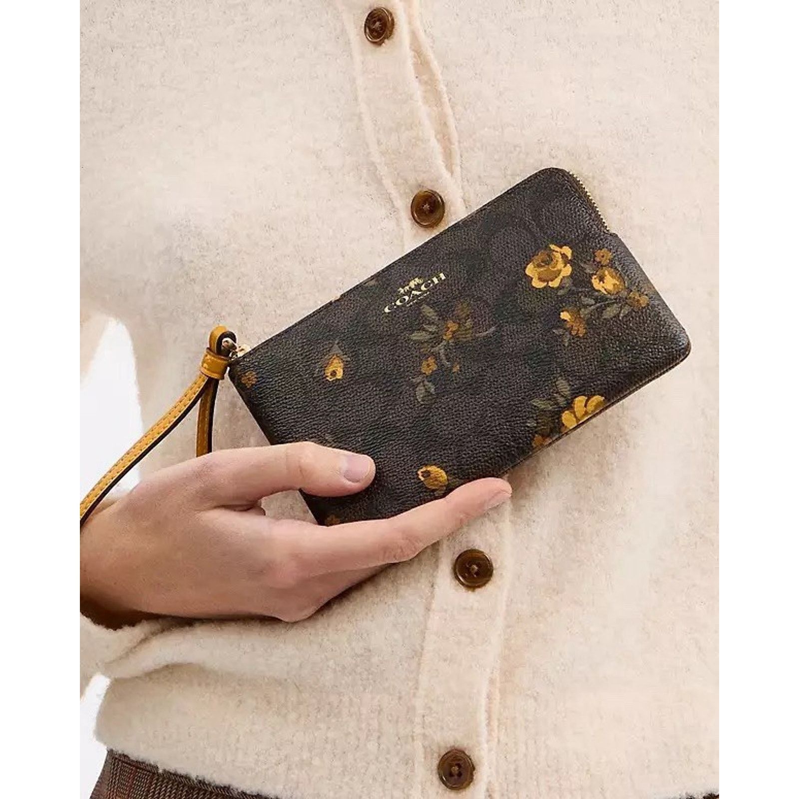 Coach NWT Coach Corner Zip Wristlet Floral CCL19 Walnut/Yellow Size ONE SIZE - 7 Thumbnail
