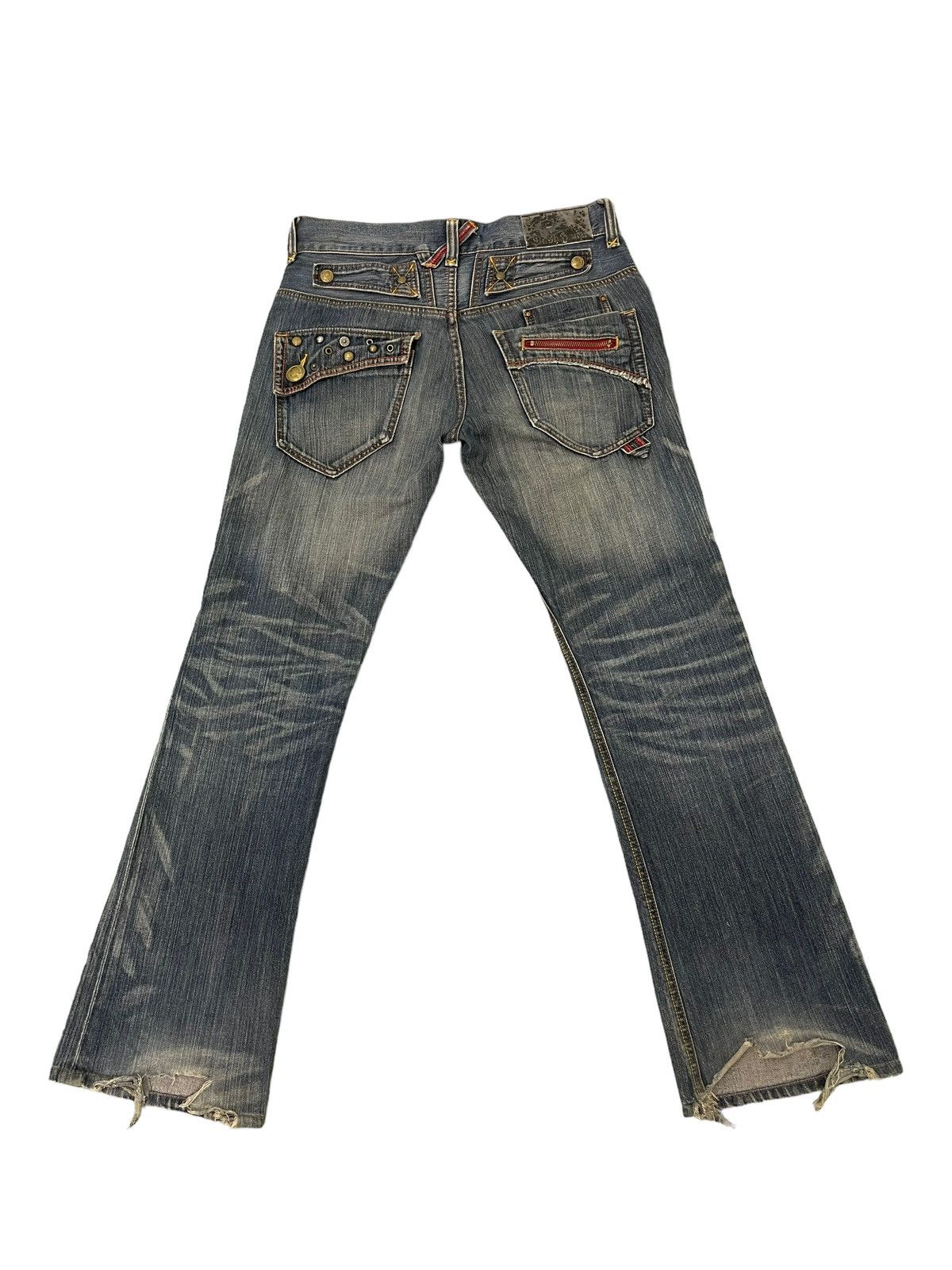 Japanese Brand Flare Jeans Rush Hour Faded Distress Boot Cut 8🟦4 Size US 33 - 11 Thumbnail